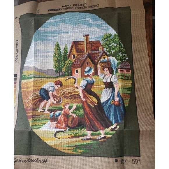 Tapex Vienna Needlepoint Kit Vintage Farm Women Children Grain Cutting 16"x20" - Picture 2 of 10